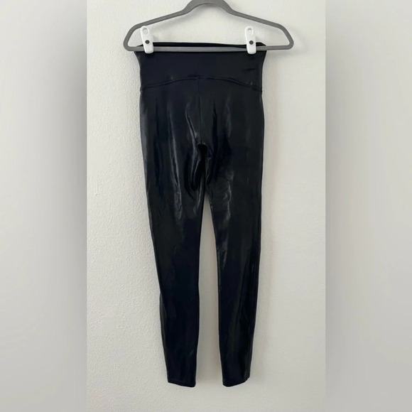 SPANX FAUX LEATHER LEGGINGS Black Ankle Length Size Large Power Waistband - Picture 2 of 10